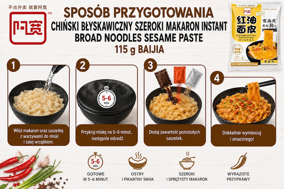 Przygotowanie: Chiński Błyskawiczny Szeroki Makaron Instant Broad Noodles Sesame Paste 115g BAIJIA